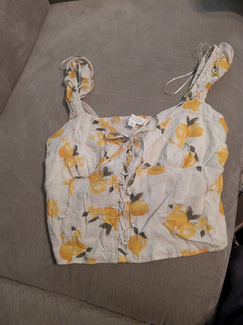 Linen-Blend White Crop Top with Yellow Lemon Print and Lace-Up Front
